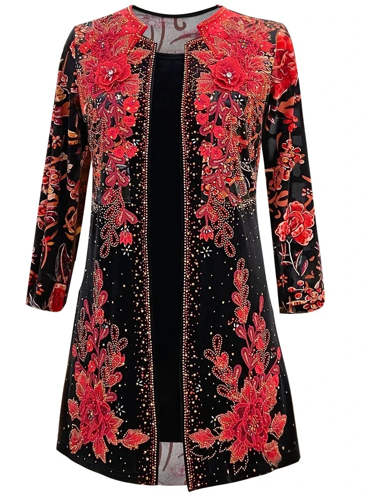 一品奴新款丝绒绣花重工假两件外套气质妈妈装