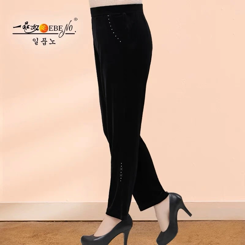 一品奴新款丝绒裤子黑色长裤妈妈装