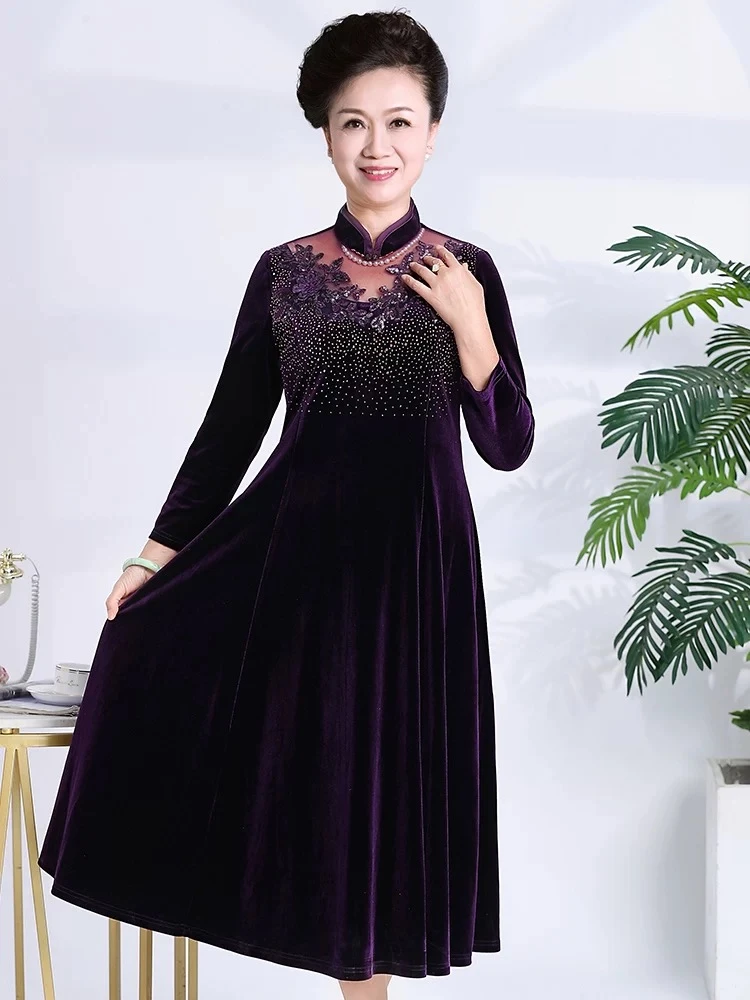 一品奴新款旗袍领连衣裙重工紫色气质妈妈装