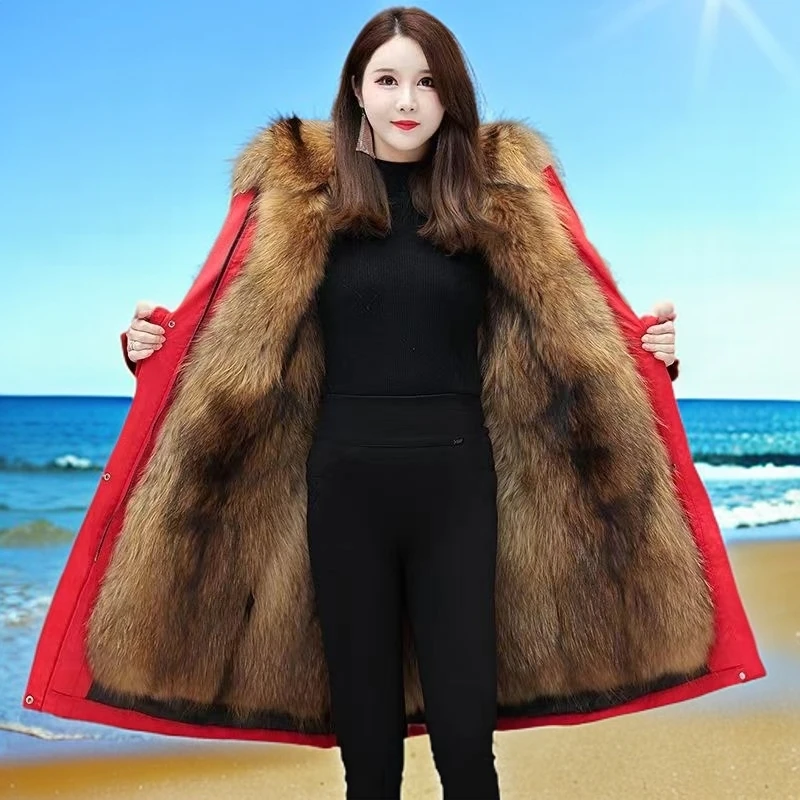 派克服女2025冬季新款洋气皮毛一体内胆大码加绒加厚中长款外套女