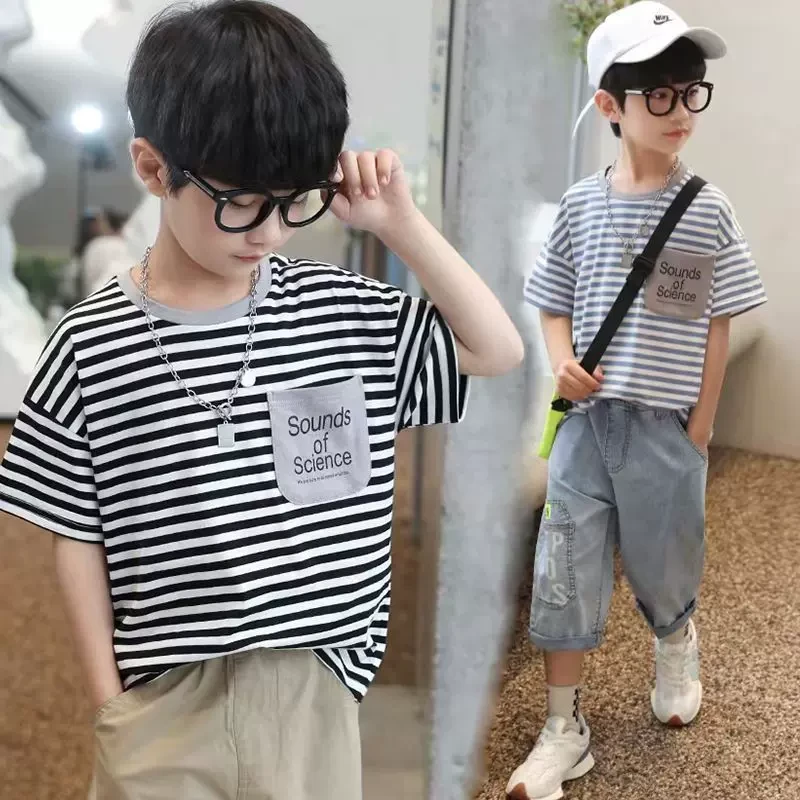 男童条纹短袖T恤儿童半袖体恤衫2024夏季新款男孩中大童韩版上衣