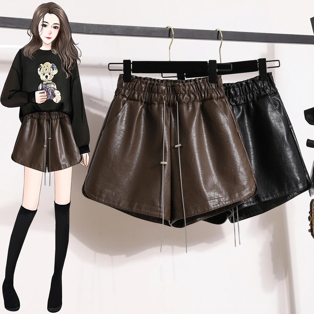 pu皮短裤女秋冬2024新款高腰百搭宽松显瘦休闲裤黑色外穿a字皮裤