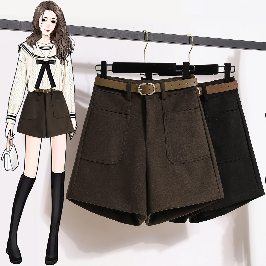 秋冬厚款毛呢短裤靴裤外穿休闲高腰阔腿裤A字西装裤小个子显腿长