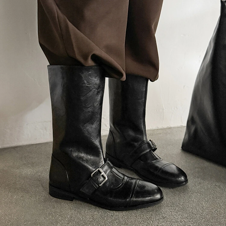 2024秋冬款复古圆头皮带扣套筒不过膝中筒靴女时装靴皮带扣骑士靴