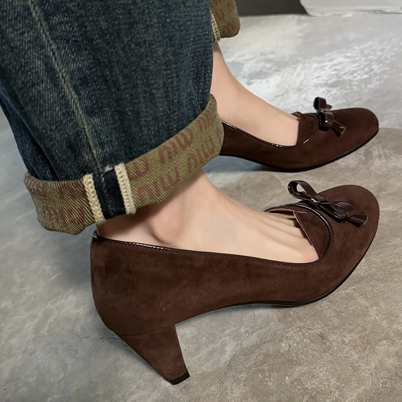 法式磨砂皮粗跟浅口圆头高跟鞋2024春秋新款气质百搭真皮包跟单鞋