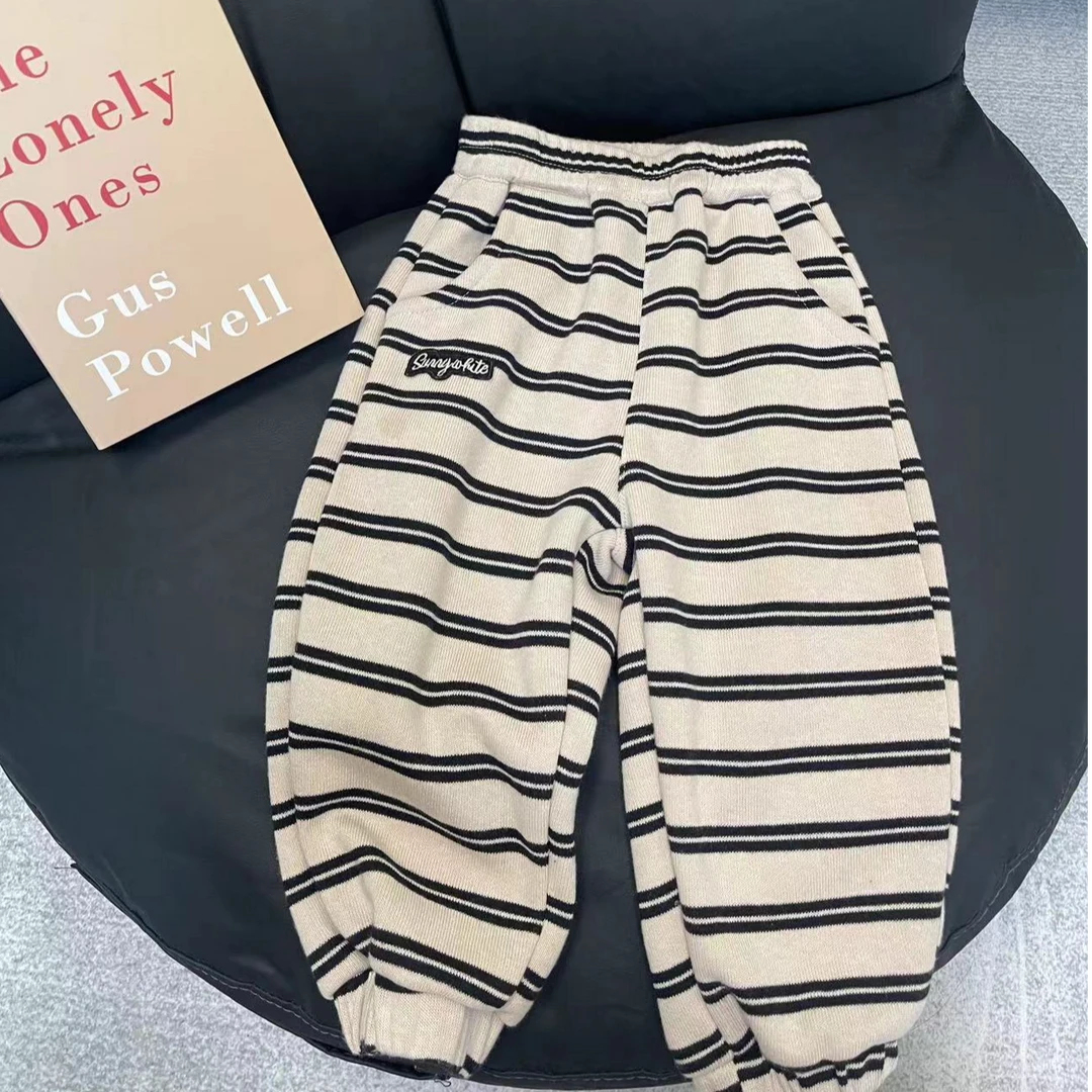 秋冬季新款新品儿童条纹字母一体加绒卫裤长裤~6676