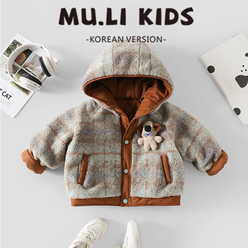 儿童秋冬羔羔外套冬季新款中小童加厚小狗格子加绒连帽棉服-065