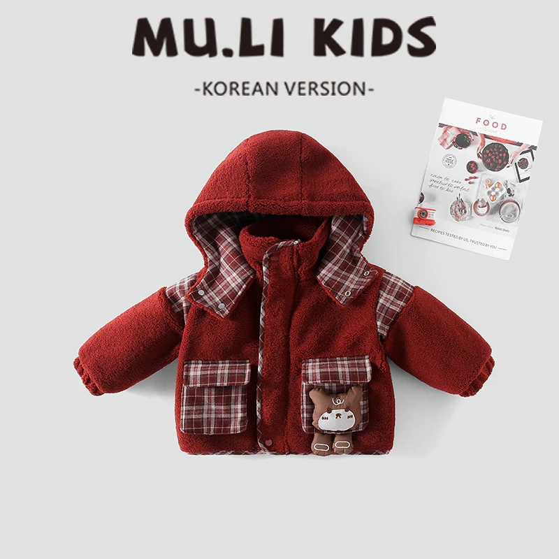 Muli儿童羔羔毛外套新年冬款红格拼接加绒加厚拼接连帽棉衣-088