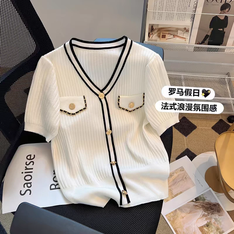 夏季撞色小香风v领短袖针织衫上衣女毛衣针织衫百搭设计感时尚
