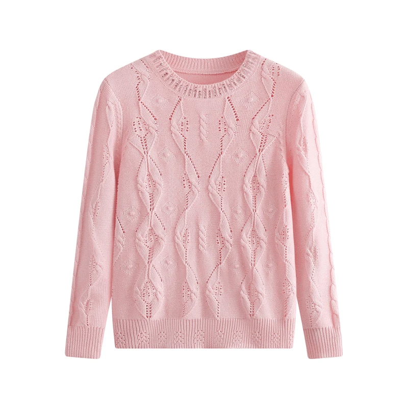 6803宽松圆领套头长袖韩版针织衫女打底衫上衣镂空百搭纯色毛衣