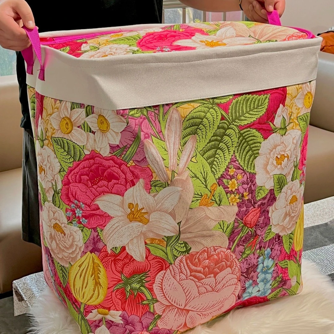 60-120L超大双拉链带钢圈牡丹花带盖防尘整理换季棉被衣服收纳箱