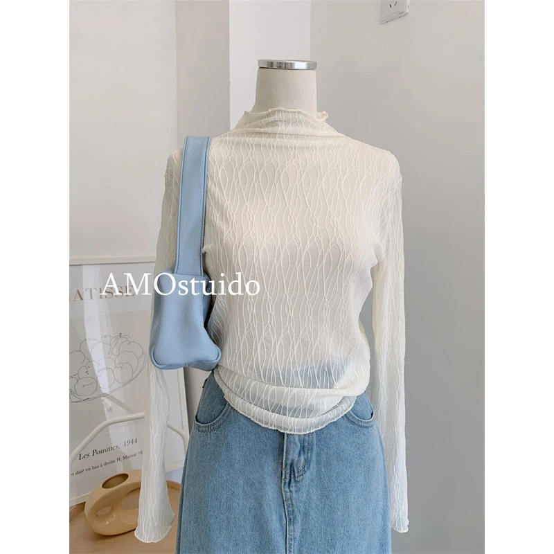 秋款女装波浪纹高领黑色长袖蕾丝网纱打底衫女内搭叠穿纱衣内搭