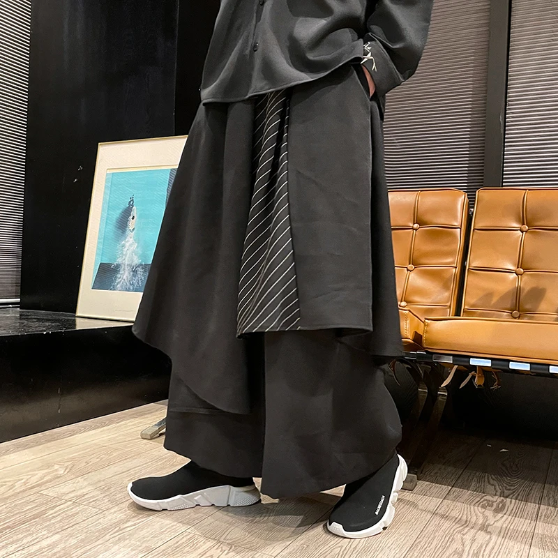 宋制马面裙中国风汉服黑暗系条纹拼接男女阔腿裤哈伦发型师裙裤