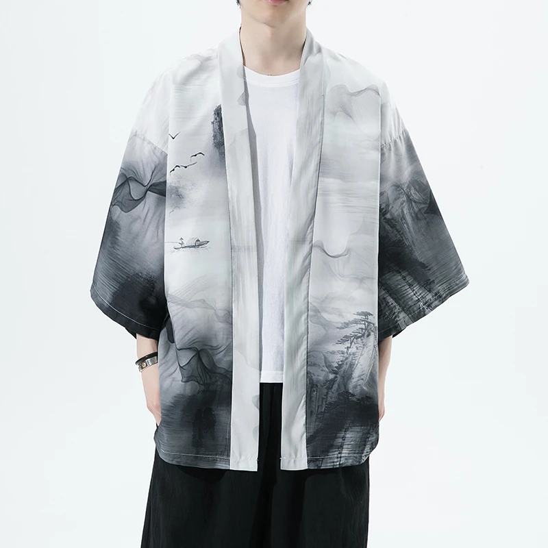 中国风印花山川汉服开衫披风男装山水画飞鱼服古风水墨上衣服外套