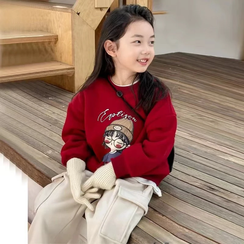 （加绒）女童加绒卫衣圆领套头保暖上衣卡通韩版洋气女孩衣服