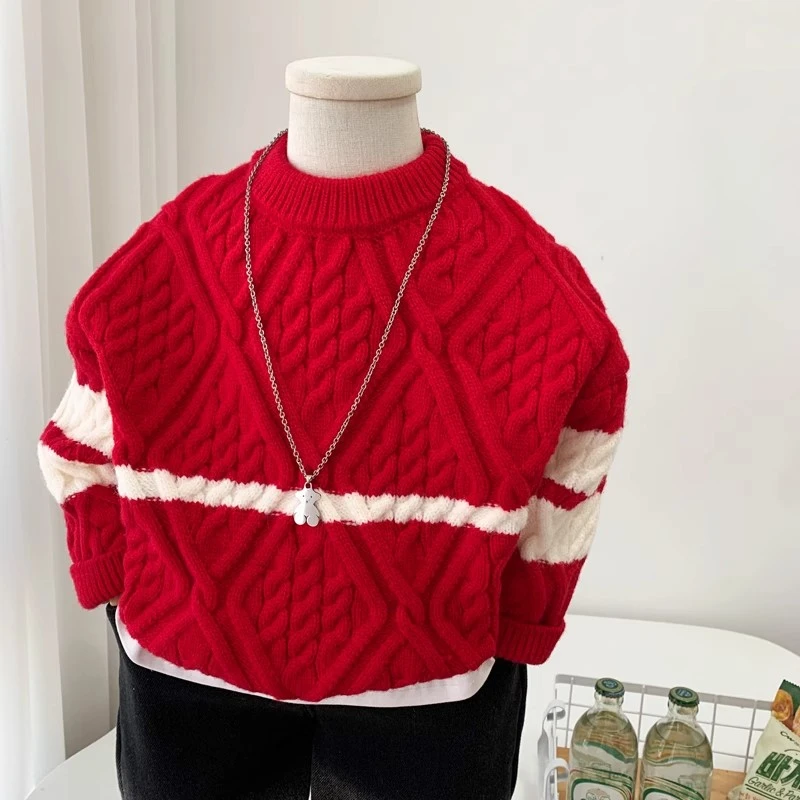 儿童过年红色毛衣冬季男童圆领针织衫女童洋气打底加厚麻花毛线衣