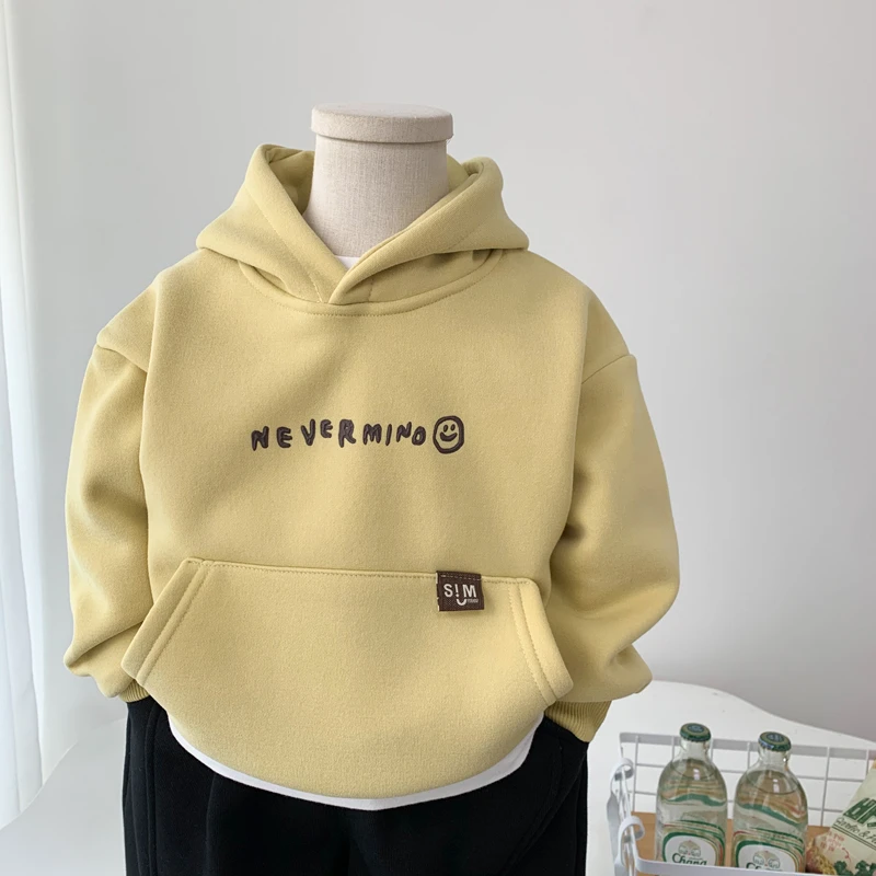 儿童秋冬加绒卫衣2024新款男童一体绒洋气连帽衫女小童加厚套头衫