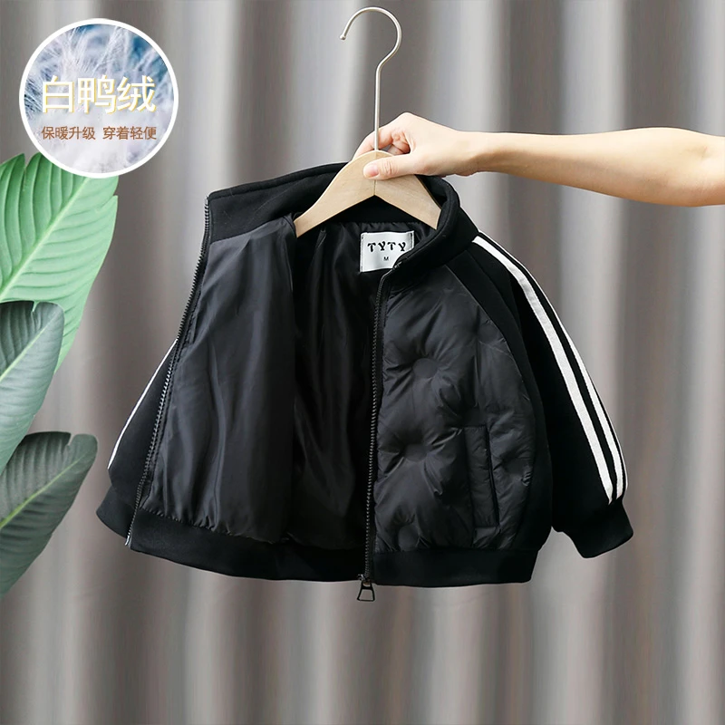 儿童轻薄羽绒服2024冬季新款男童短款白鸭绒夹克洋气学生黑色外套
