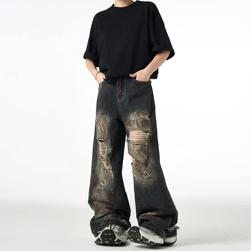 重磅做旧脏洗嘻哈破洞牛仔裤男高街废土阔腿潮牌直筒拖地裤子