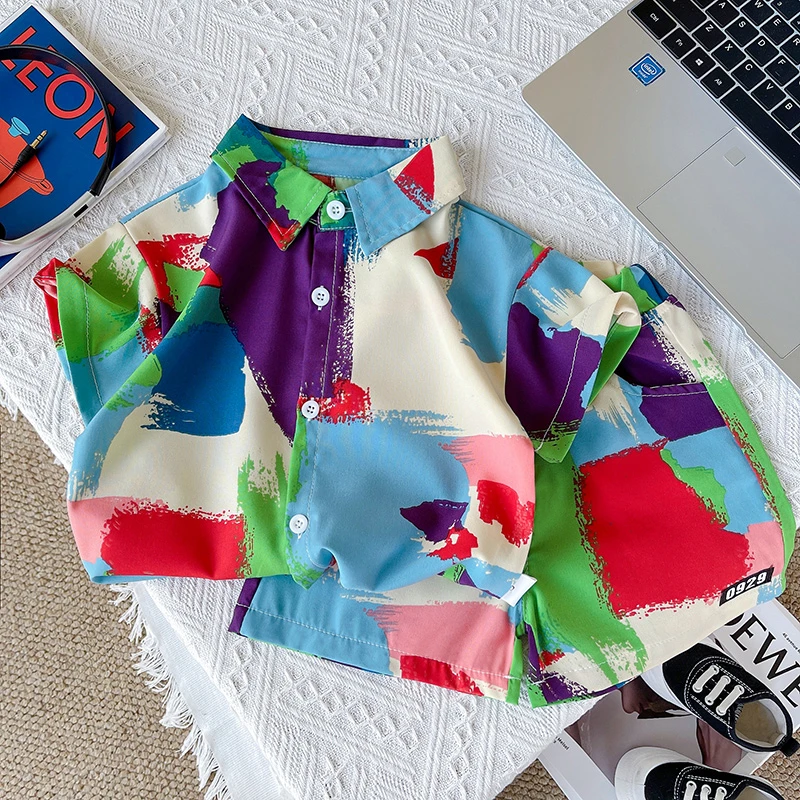 夏季时尚男童印花衬衫套装帅气洋气小童男宝短袖短裤夏天两件套装