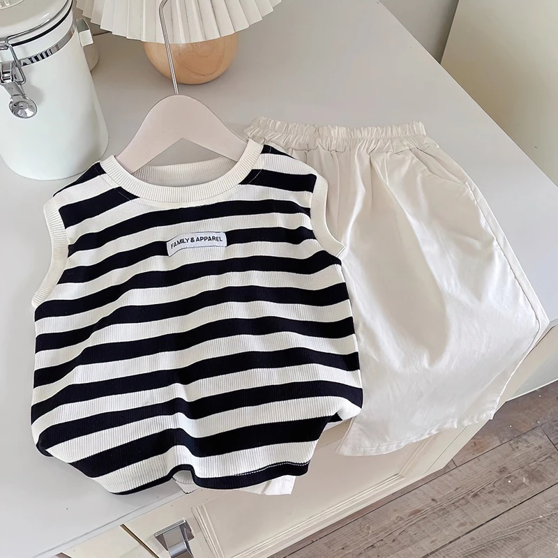 韩版夏季运动女童小童宽松条纹休闲无袖短裤套装洋气帅气女宝婴儿