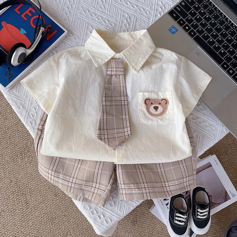 2024款夏季夏款薄款衬衫时尚小童短袖短裤领带三件套百搭帅气洋气