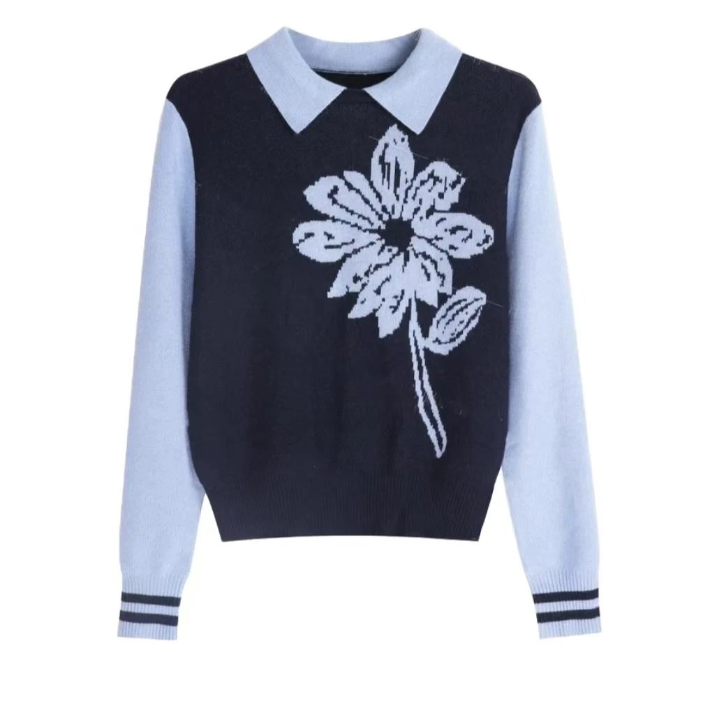 新款翻领绣花长袖针织衫时尚显瘦韩版打底单穿减龄妈妈装套头衫T