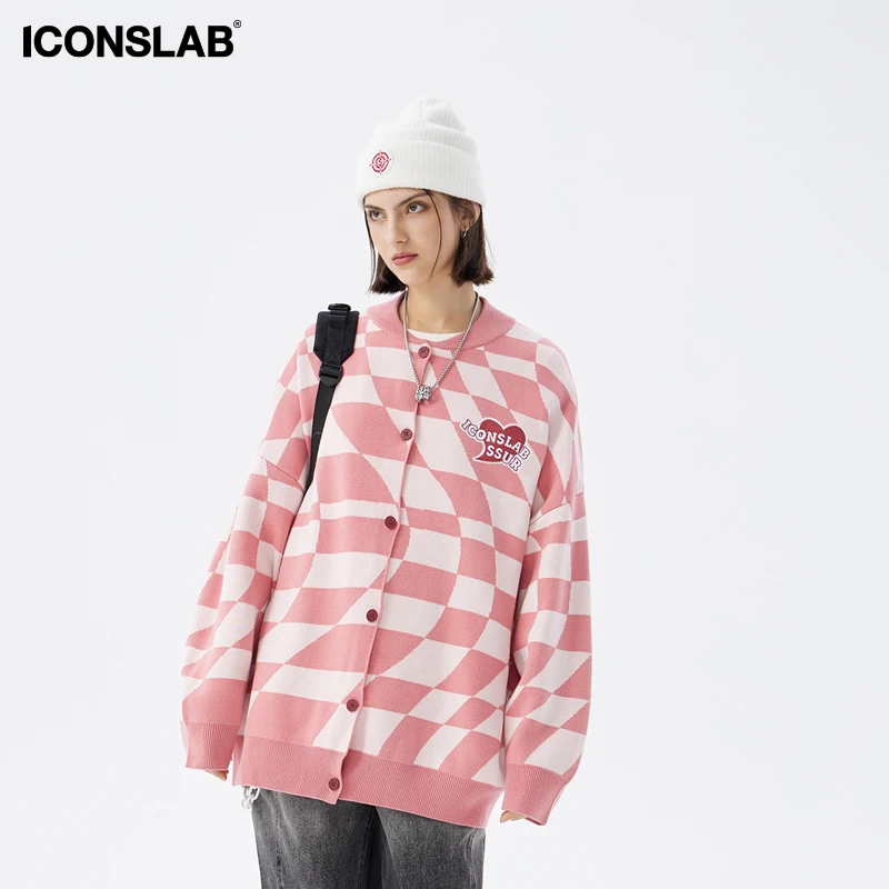 ICONSLAB 扭曲棋盘格针织开衫男情侣针织衫百搭外套潮