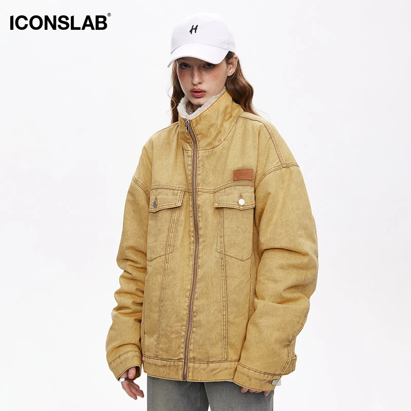 ics丨ICONSLAB仿兔绒复古水洗毛领牛仔外套情侣款加绒上衣