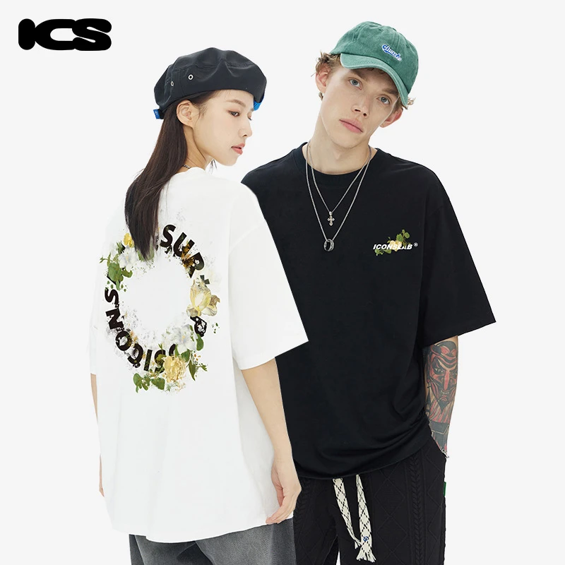 iconslab短袖t恤情侣装夏装潮牌花卉圈星字母印花上衣男