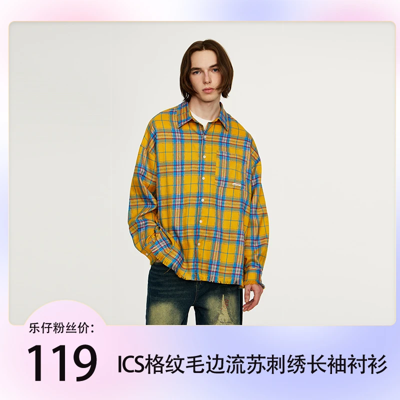 ICONSLAB格纹下摆毛边破坏刺绣长袖衬衫