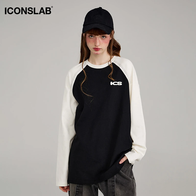 ICONSLAB美式复古插肩袖撞色长袖