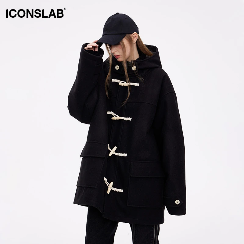 ics丨ICONSLAB牛角扣连帽宽松毛呢外套日系大衣小个子学院风