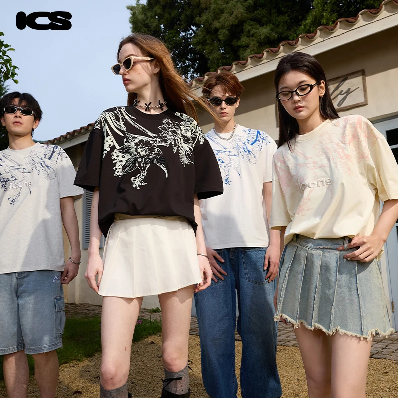 ics丨iconslab 刺绣原创满图撞色花卉凉感短袖T恤圆领男女同款