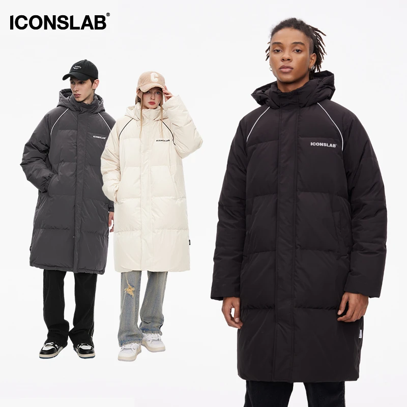 ics丨ICONSLAB包边条连帽长版羽绒服男女情侣保暖冬外套