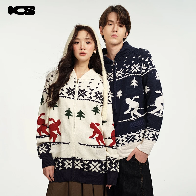 ics丨iconslab圣诞滑雪夜毛衣针织衫2024年新款秋冬翻领开衫外套
