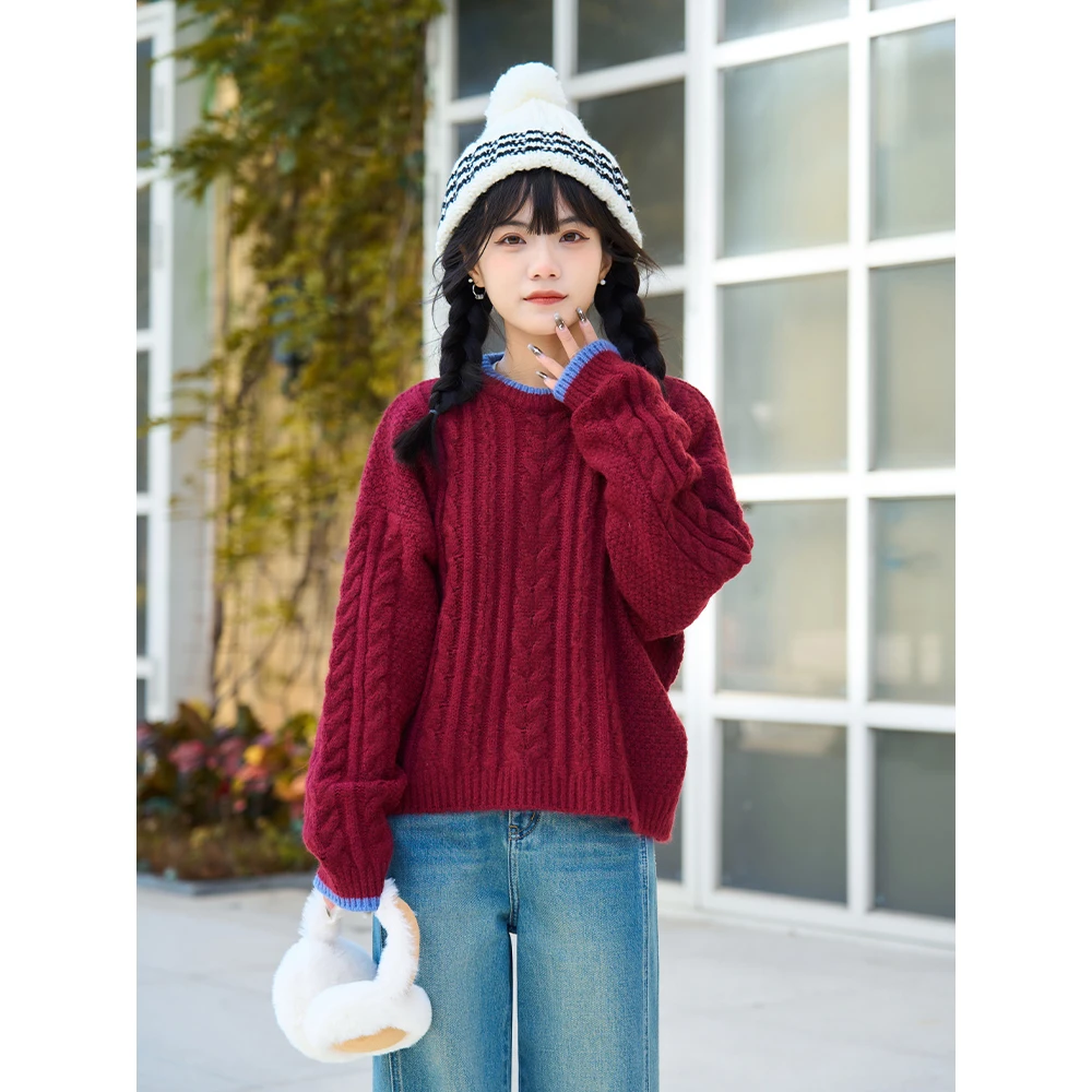 王家有鱼【小个子定制】冬季新款针织毛衣百搭红色圆领长袖套头W
