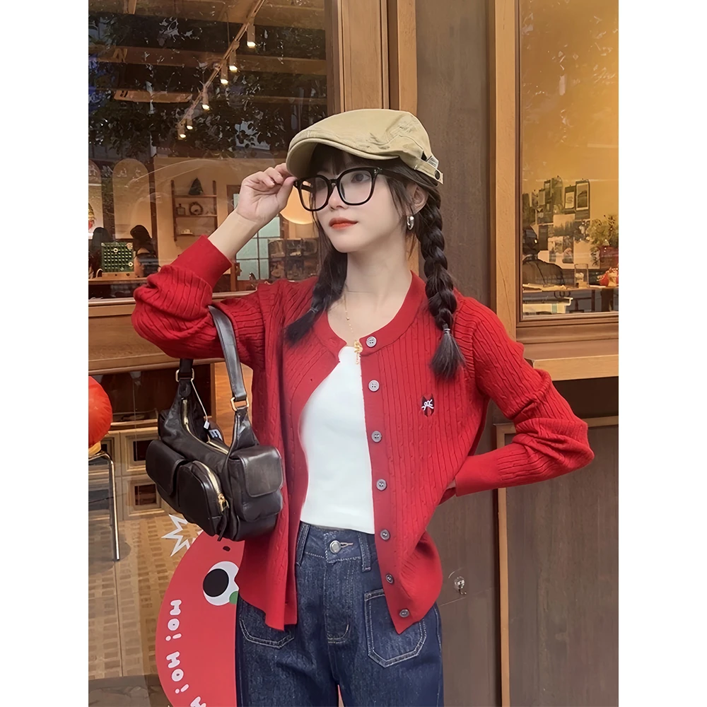 王家有鱼【小个子定制】秋季新款针织开衫短百搭长袖休闲韩版上衣女