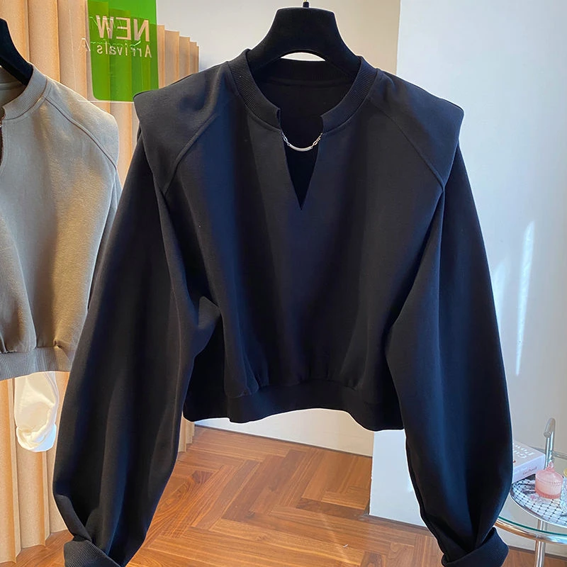 v领垫肩卫衣女2023年秋季新款韩系个性宽松休闲小众短款上衣外穿