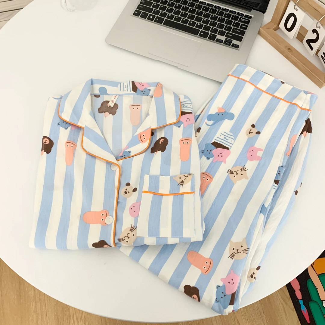 春秋季睡衣女甜美宽松可爱大码薄款印花长袖长裤网红风家居服外穿