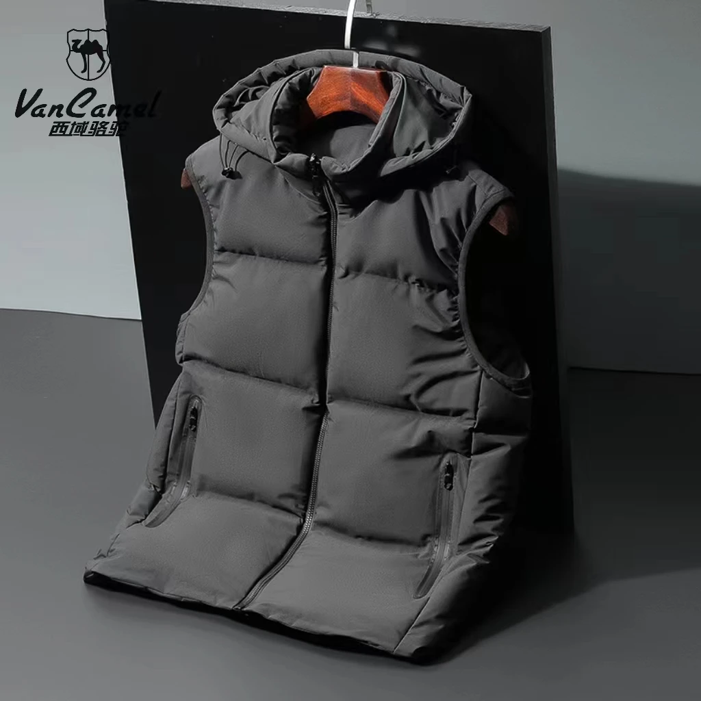 西域骆驼白鸭绒羽绒服外穿马甲男秋冬季新款休闲坎肩马夹背心连帽