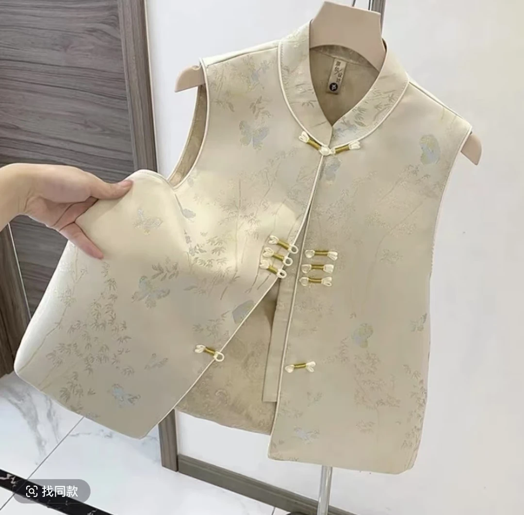 国风时尚款重磅织锦加厚款盘扣马甲新中式刺绣提花保暖背心35133