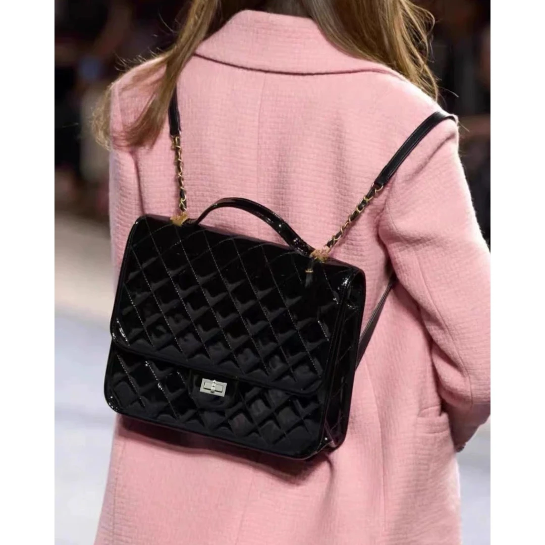 小众设计质感包包女2024新款小香风菱格链条手提漆皮双肩包包女