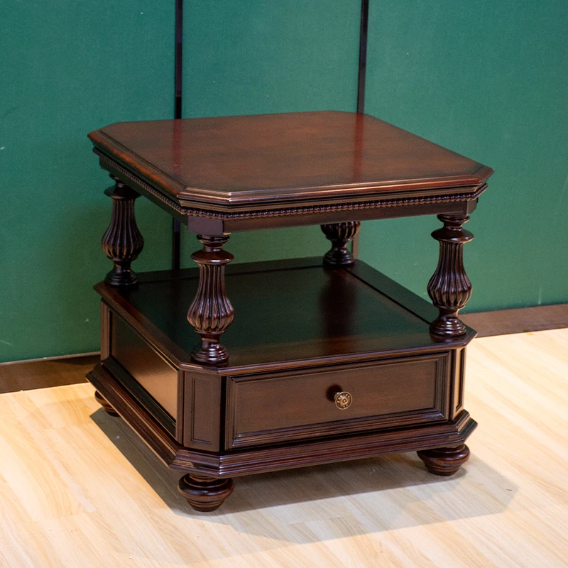 樱桃木美式方边几尺寸：630*630*600客厅沙发边几角几带抽屉储物柜