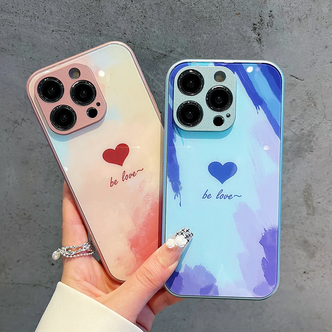 爱心金属玻璃壳适用苹果15_iPhone_华为荣耀_OPPO_VIVO小米手机壳