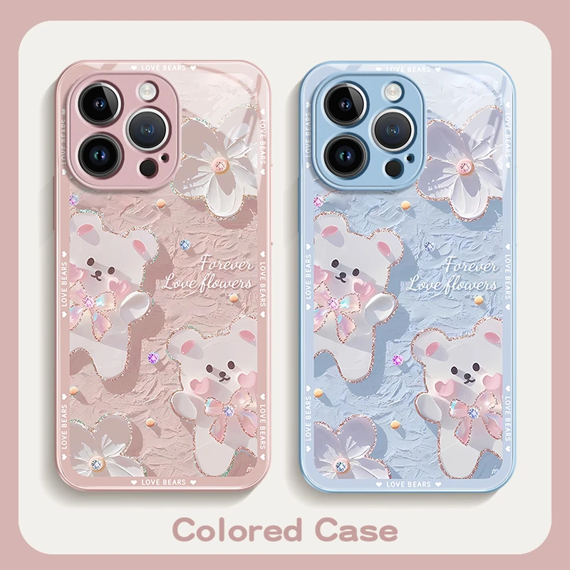 适用iPhone15promax苹果14vivo手机壳华为油画小熊小米玻璃壳oppo