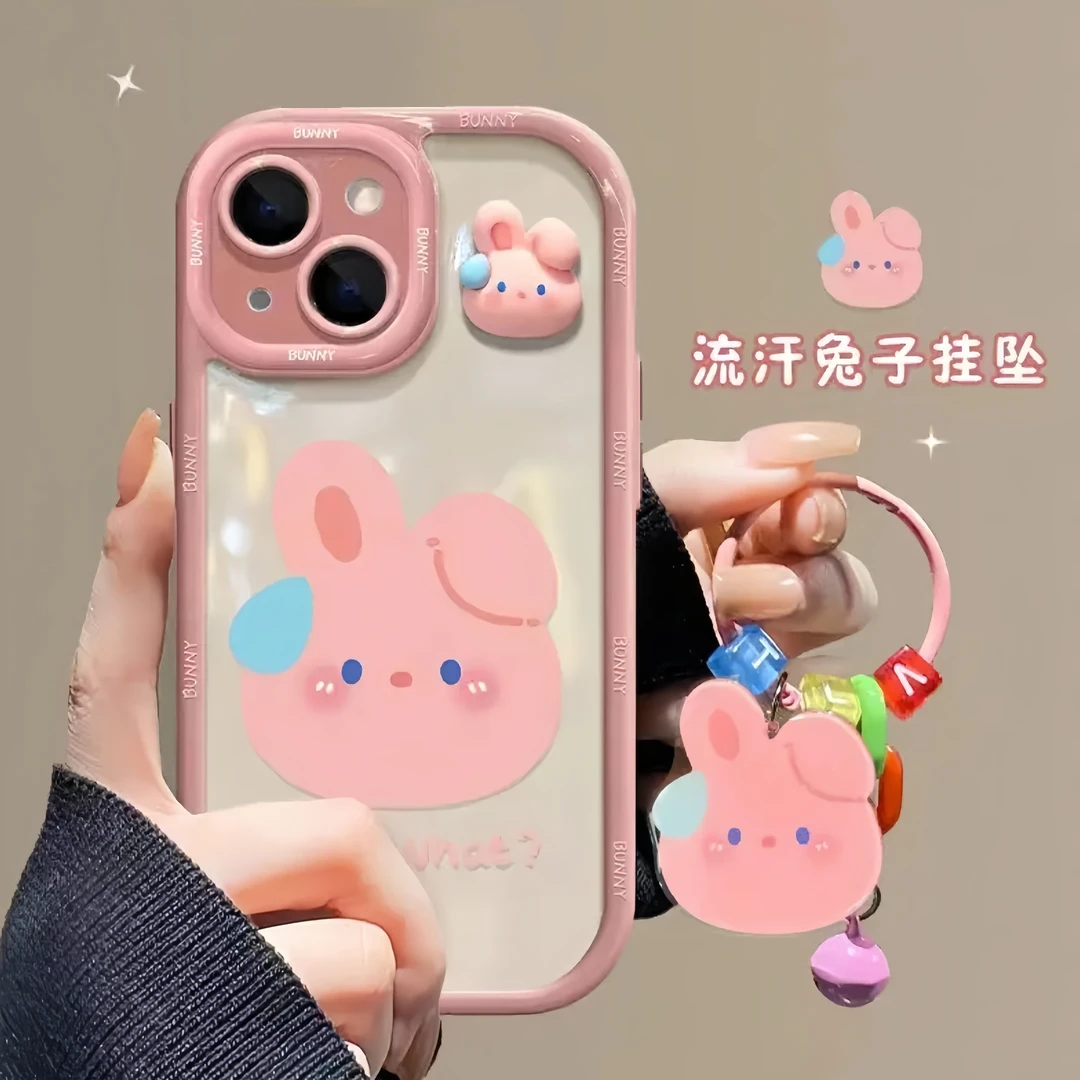 流汗兔子挂坠支架手机壳适用苹果15promax华为小米oppo荣耀vivo14