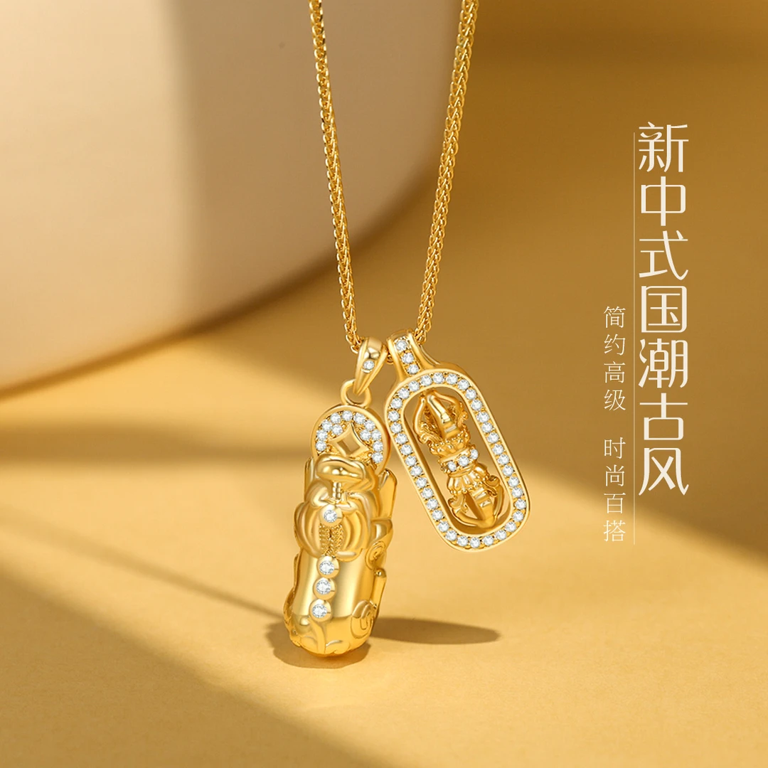 坠链均925银合成锆石 S925银古风金刚杵貔貅吊坠女项链锁骨链