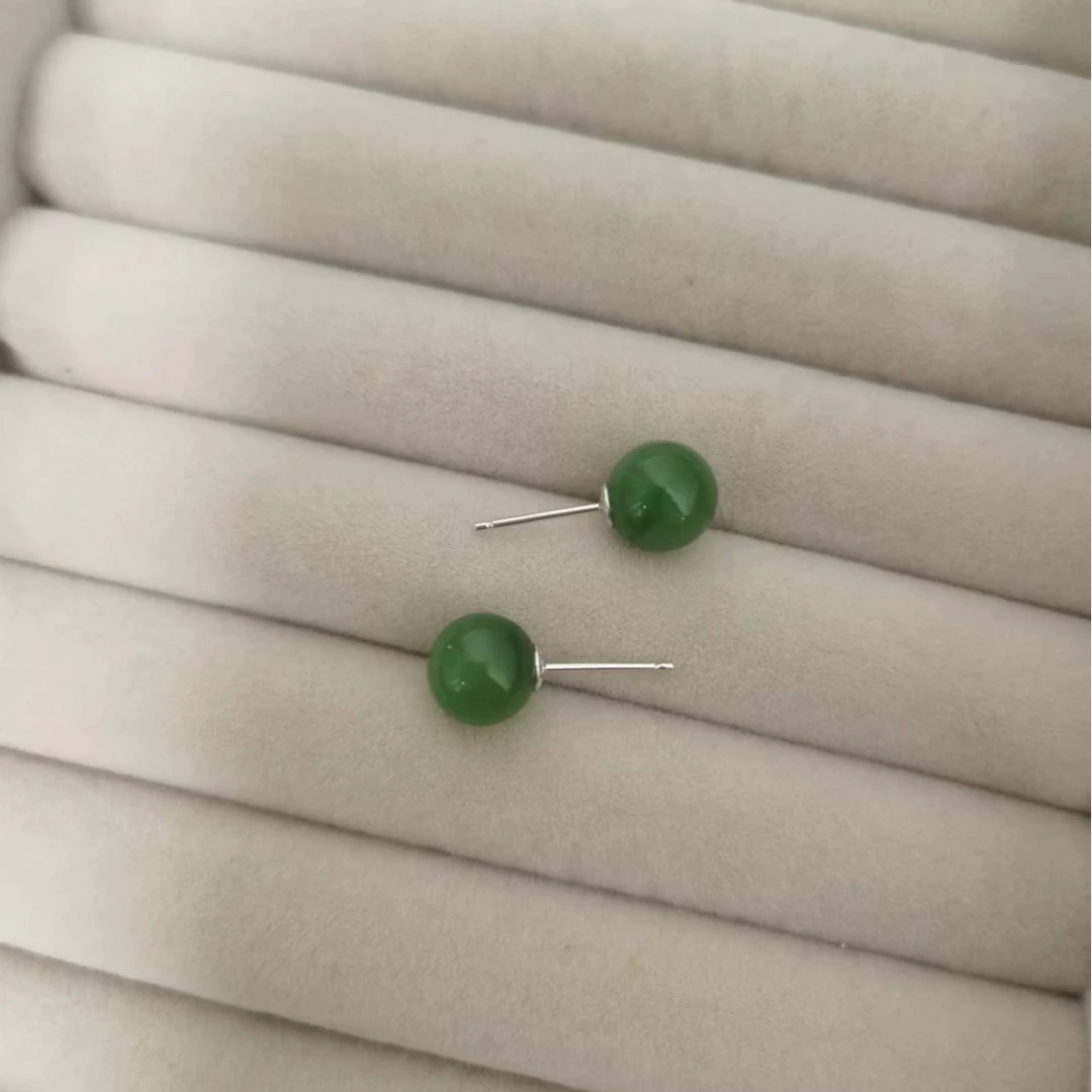 9-10MM和田玉正圆S925银简约百搭素钉耳钉【非基地发货不带证书】