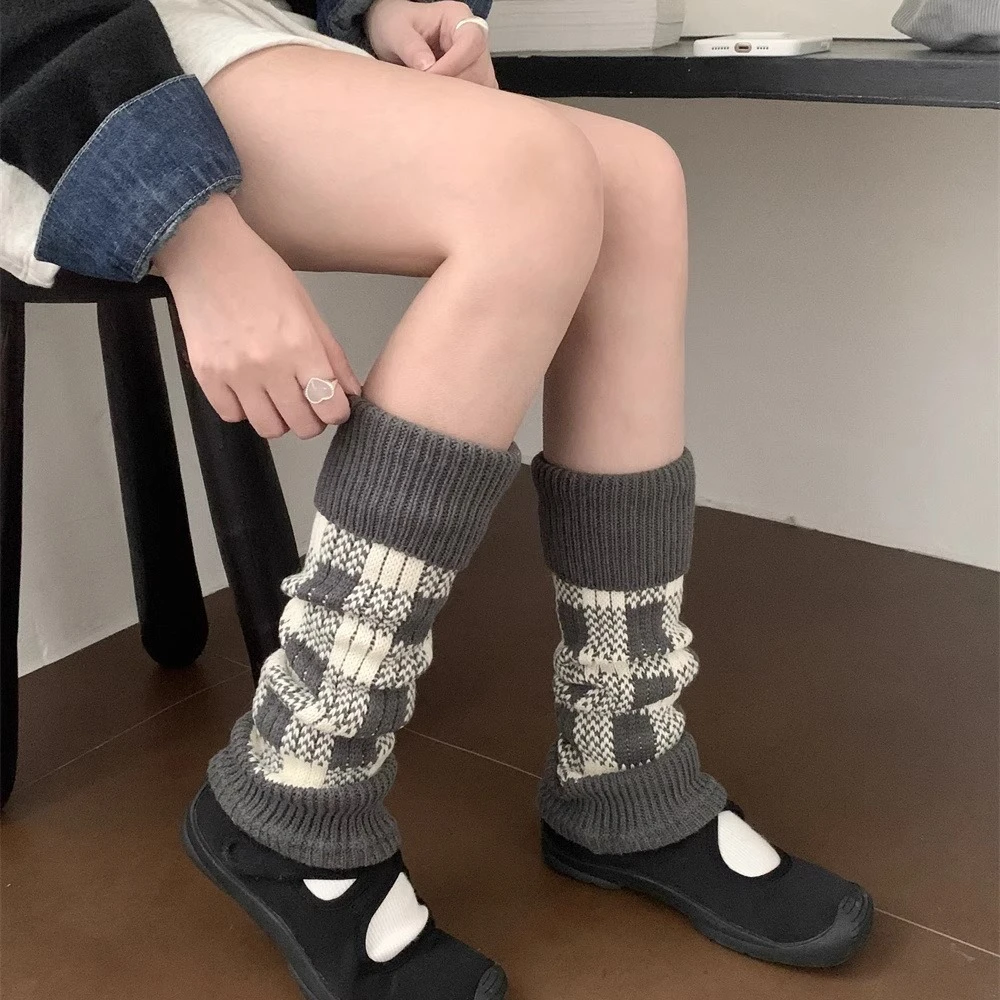 秋冬加厚保暖羊毛堆堆袜套复古风棋盘格小腿靴袜灰色半截及膝腿套